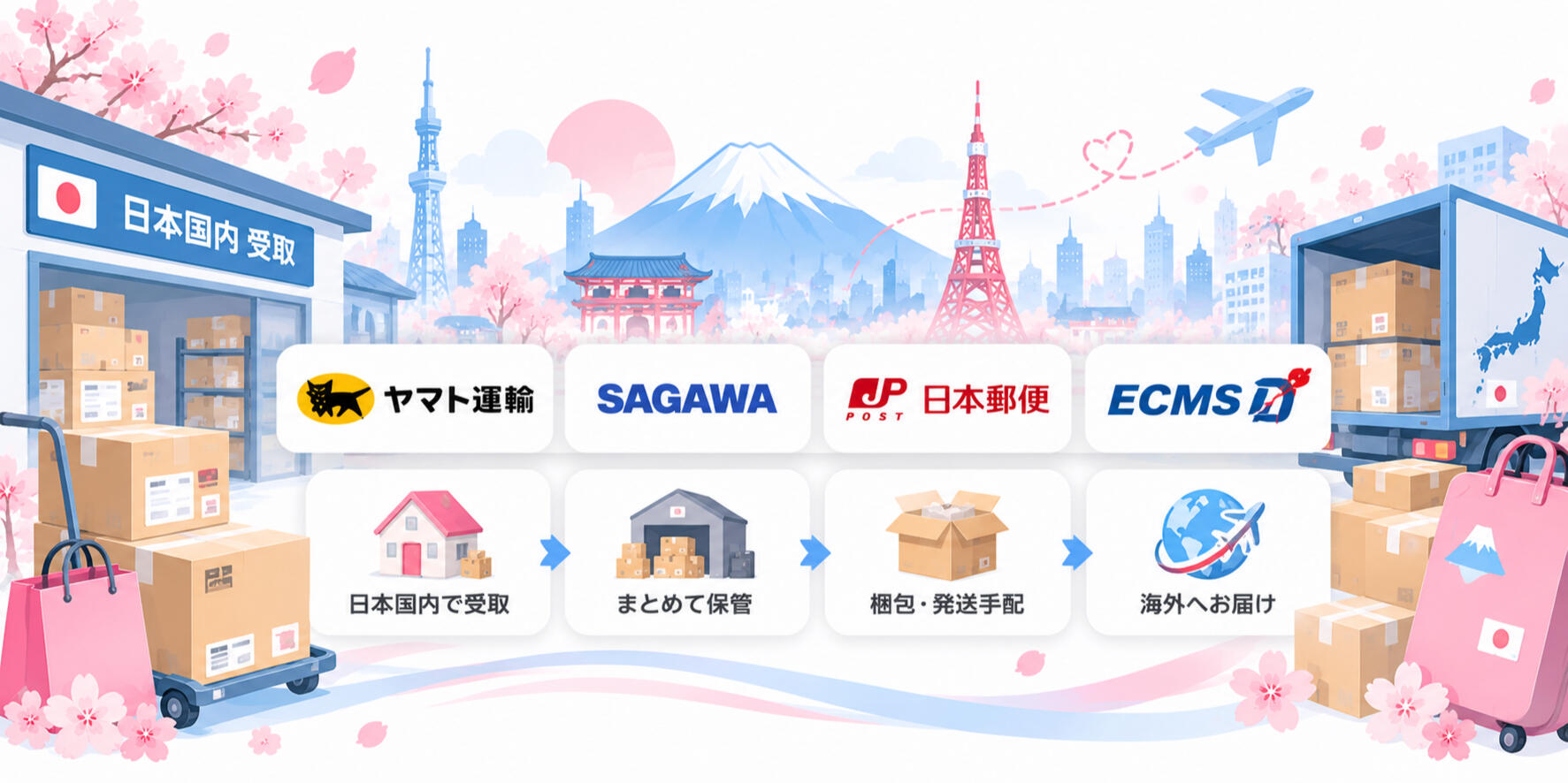 日本代收・轉運|包裹代收・合併寄送・海外配送 日本代收與轉運服務,可協助代收日本境內包裹、集中保管並合併寄送,再依需求安排寄送至台灣、香港及其他海外地區。